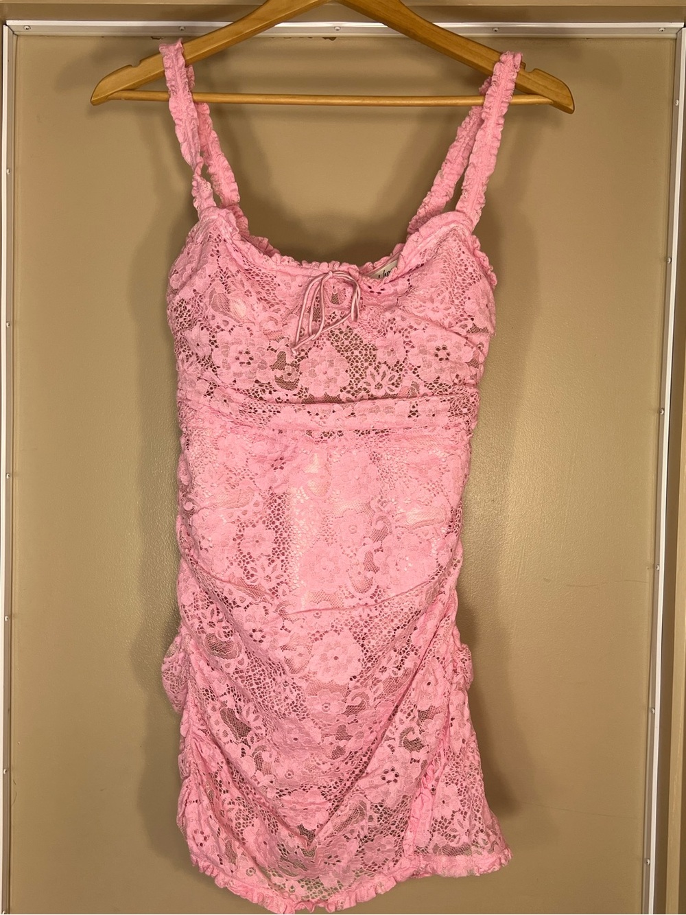 For Love & Lemons Pink Lace Corset Ruched Tank Dress